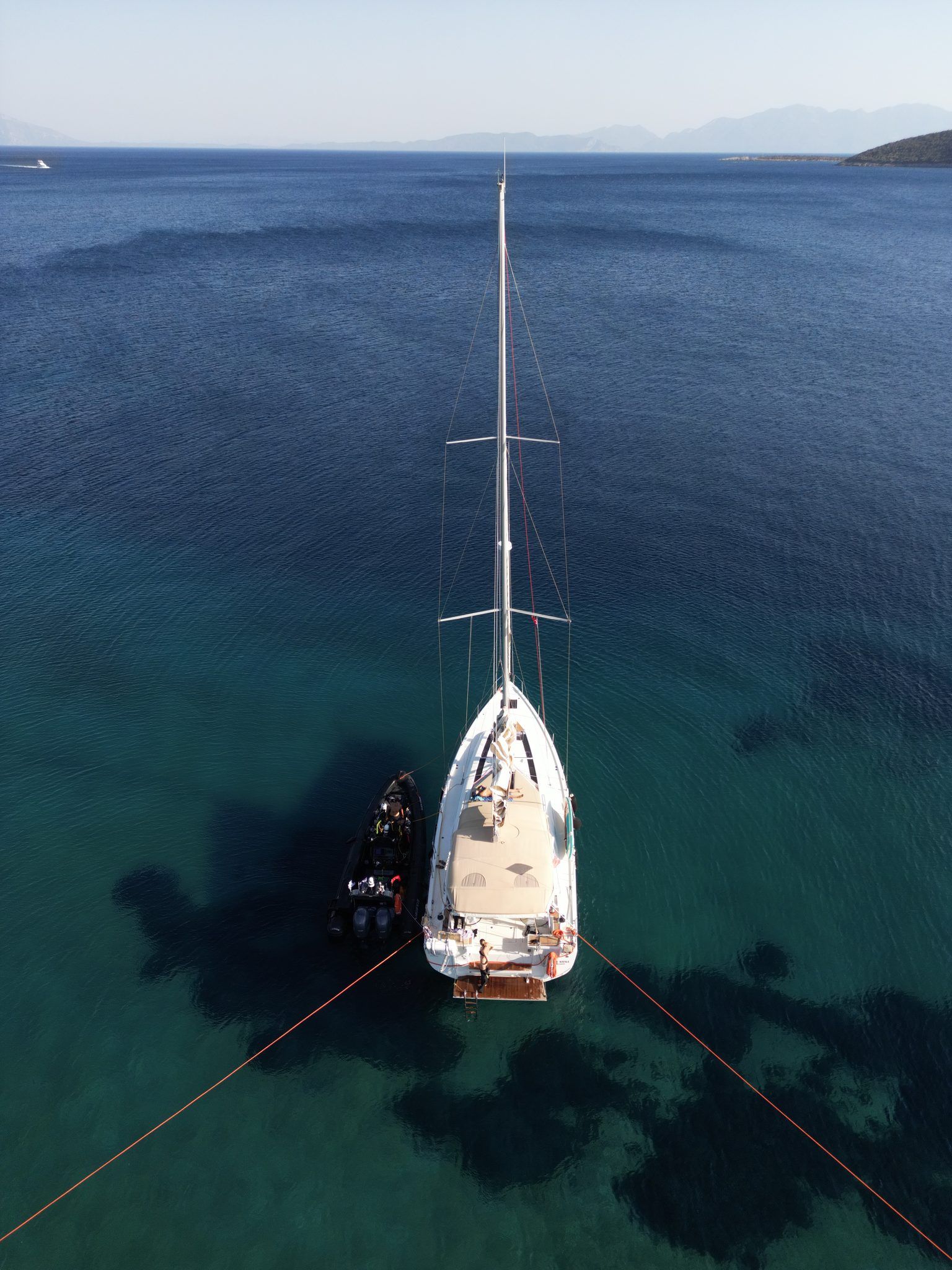 The yacht from above, RIB rafted alongside
