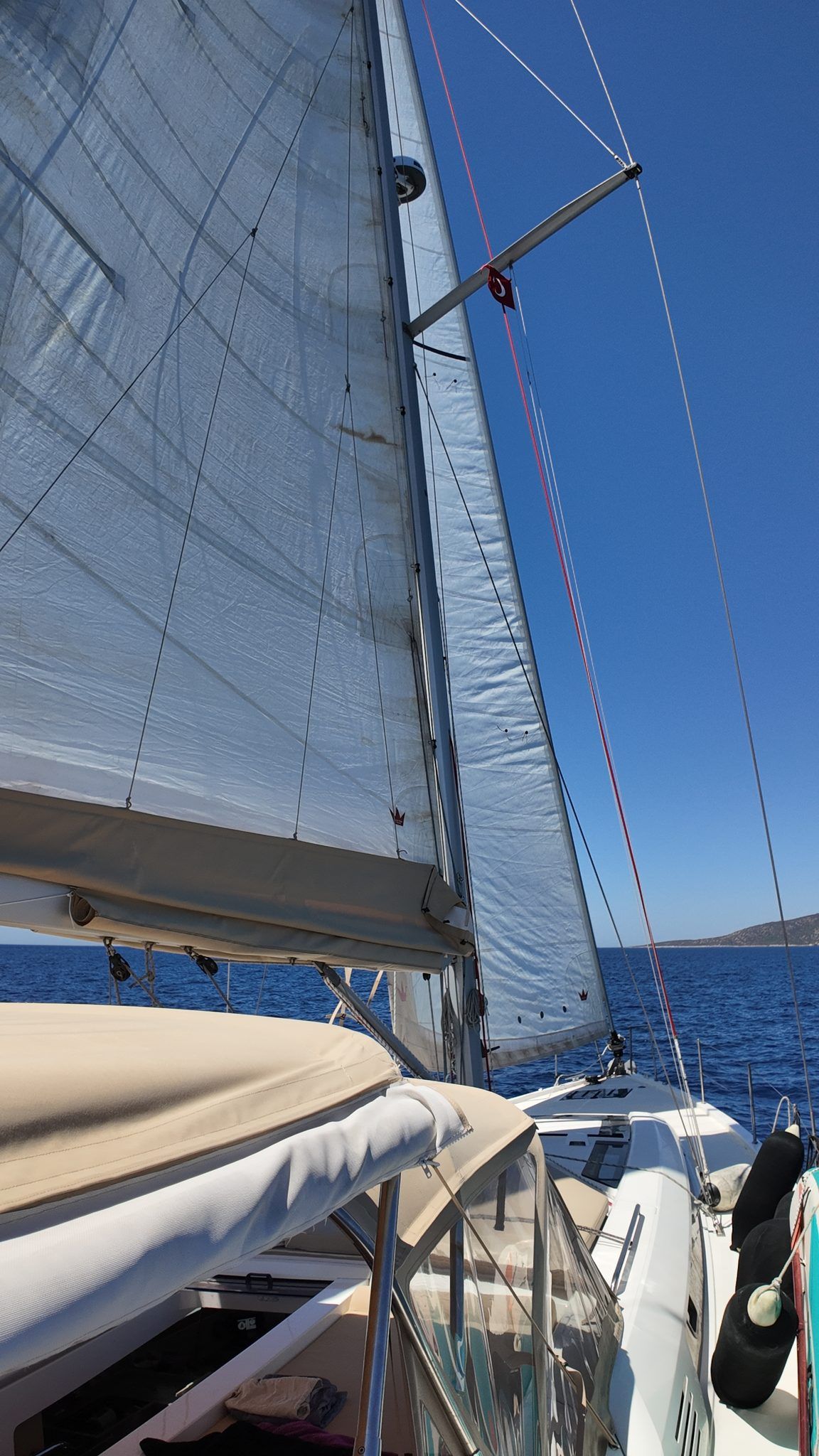 Sails and rigging from the deck, underway